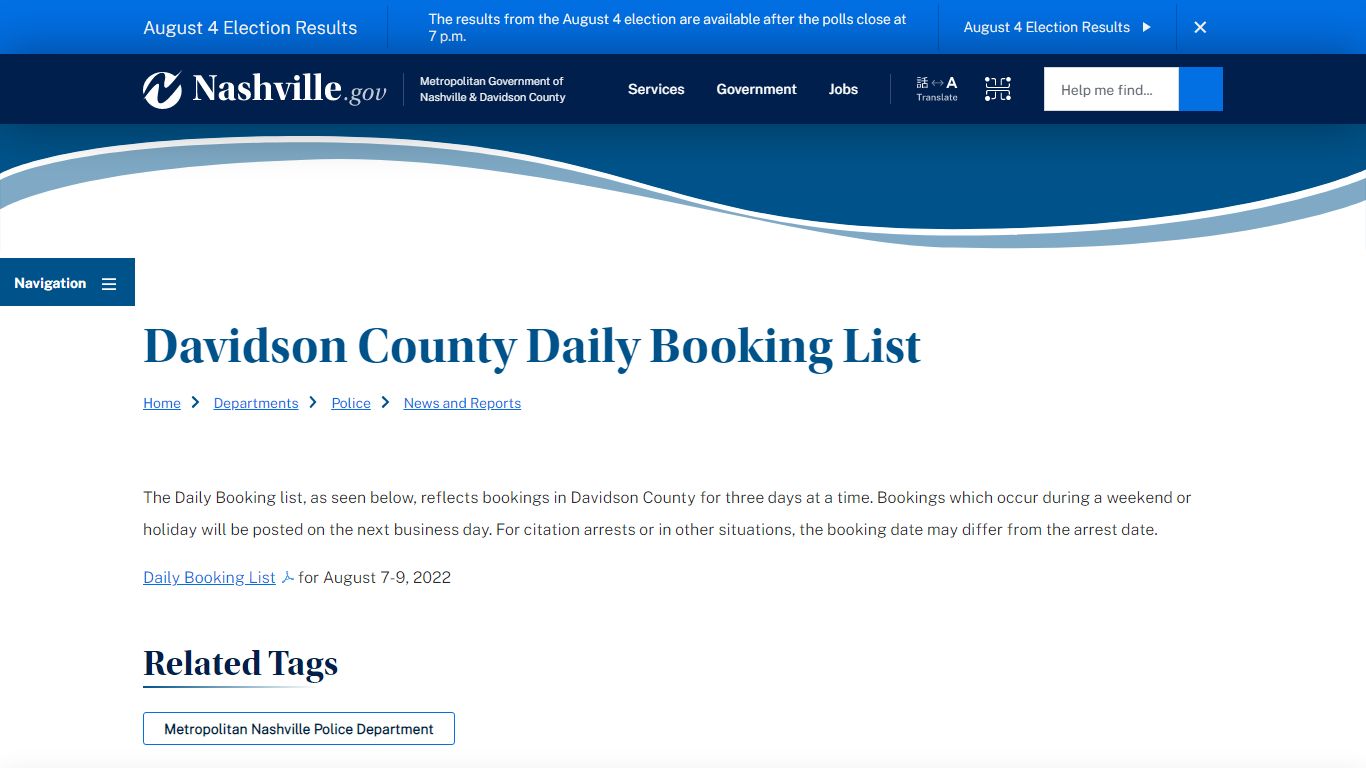 Davidson County Daily Booking List | Nashville.gov